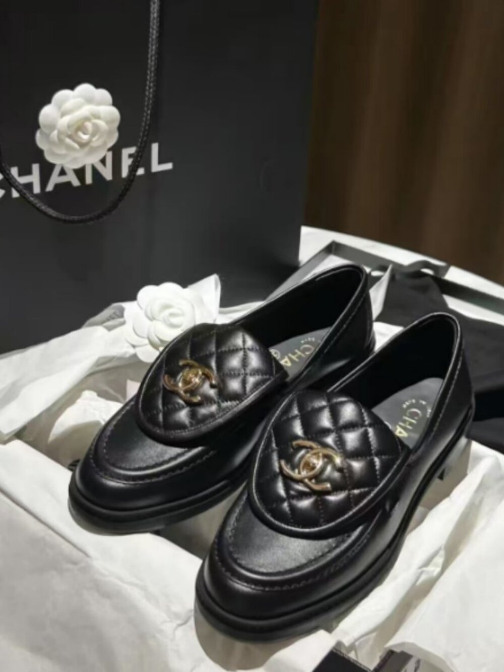 Chanel Black Leather Logo Loafers